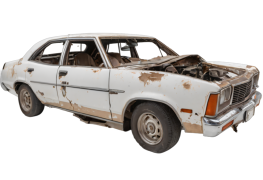 An abandoned rusted car isolated on white background with clipping path.