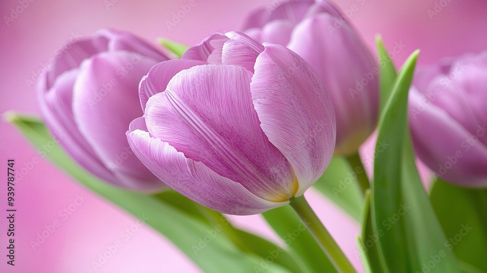 Wall mural   Pink tulip bouquet with green stems against pink-white background, soft focus on tulip center