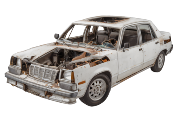 An abandoned rusted car isolated on white background with clipping path.