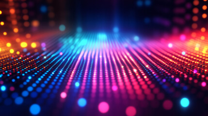 Colorful dots move quickly on a digital grid. This abstract background shows hi-tech design with a mix of colors and technology. Data flows across the screen