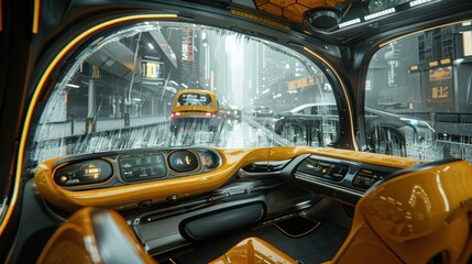 Fototapeta premium A futuristic taxi interior with modular seating, interactive touchscreens, and transparent OLED panels, highlighted by yellow ambient lighting.