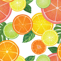 Fruits citrus pattern. Fresh slice orange, lemon, lime, grapefruit, mandarin peices over white background with leaves. Seamless texture. Vector colorful dessert food.