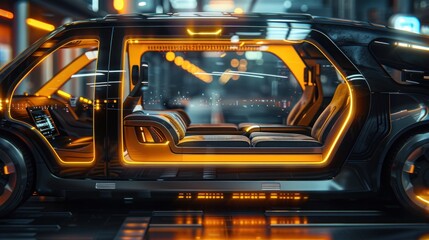 Fototapeta premium A futuristic taxi interior with modular seating, interactive touchscreens, and transparent OLED panels, highlighted by yellow ambient lighting.