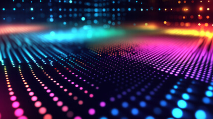 Colorful dots move quickly on a digital grid. This abstract background shows hi-tech design with a mix of colors and technology. Data flows across the screen