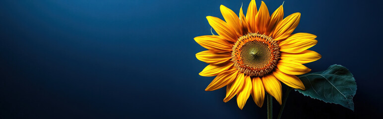 golden sunflower against a deep midnight blue background, with a minimalist design and ample space for copy