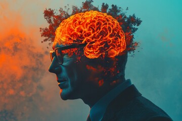 Close up of a person with a glowing orange brain symbolizing the intensity of thought and creative energy in a dynamic conceptual environment