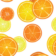 Fototapeta premium Fruits citrus pattern. Fresh slice orange, lemon, lime, grapefruit, mandarin peices over white background with leaves. Seamless texture. Vector colorful dessert food.