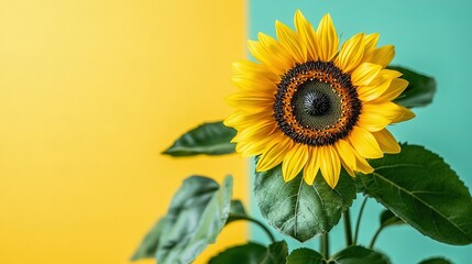 Obraz premium A sunflower in focus against a yellow-blue backdrop with a green foreground foliage