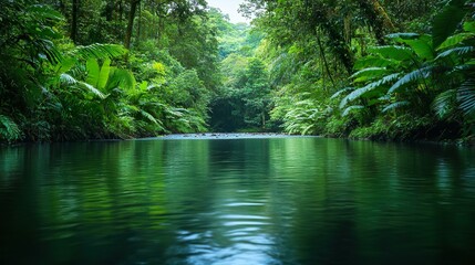 Serene riverbank with vibrant greenery ideal for tranquil and nature-inspired wallpaper designs