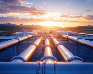 A stunning view of industrial pipelines capturing the glow of sunset against a scenic landscape, showcasing energy transportation.