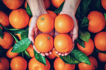 A person holds four vibrant oranges with leaves attached.