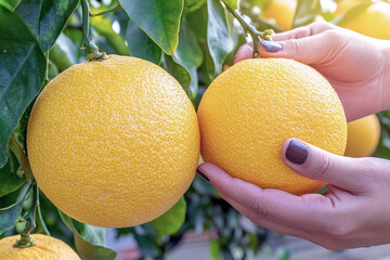 A close-up of two large, ripe yellow oranges on a tree.