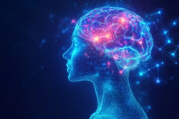 Fototapeta premium Profile of a woman with a glowing blue brain symbolizing the clarity and complexity of human thought in a modern conceptual environment