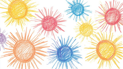Fun and bright sun shapes, like fireworks, drawn in crayon style. They're perfect for kids or anyone who loves a touch of whimsy.  