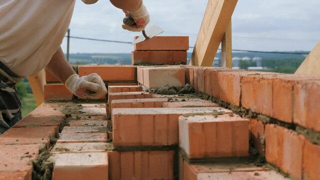 Laying out a brick chimney chimney of a private wooden house.