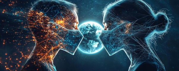 Digital artwork of two people wearing masks facing each other with earth in the background