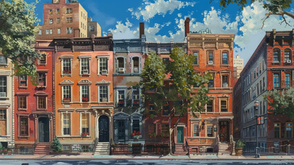 Obraz premium Cozy New York Street with Townhouses Horizontal Landscape Acrylic on Canvas Urban Scene Brownstone Buildings Street View Cityscape New York City Neighborhood Charming Architecture