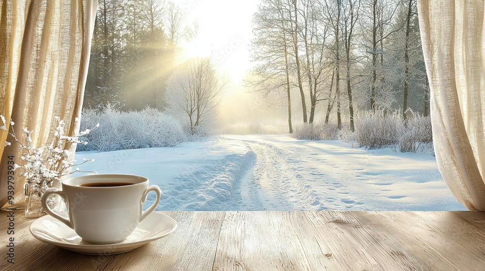 Sticker   A cup of coffee sits atop a wooden table, facing a snow-covered window with tree branches outside