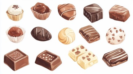 Chocolate collection. White background. Watercolor illustrations set