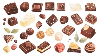 Chocolate collection. White background. Watercolor illustrations set