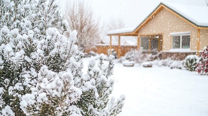   A snow-covered yard with a house in the background and trees in the foreground, where snow is gently falling onto the ground