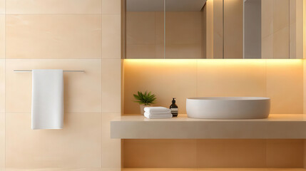 Fototapeta premium Luxurious bathroom with warm beige tiles, neutral marble countertops, and soft ambient lighting, interior design, warm hues, tranquility