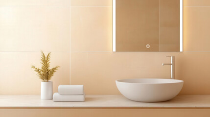 Fototapeta premium Luxurious bathroom with warm beige tiles, neutral marble countertops, and soft ambient lighting, interior design, warm hues, tranquility