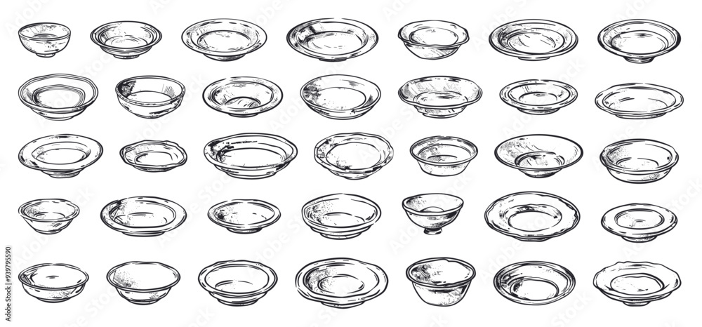 Wall mural deep plates of different shapes icons set vector line drawing old woodcut style white background tab