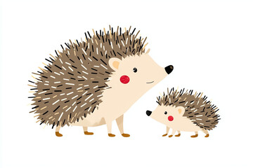 colorful cute vector illustration of a mother hedgehog and her baby hedgehog, isolated on white