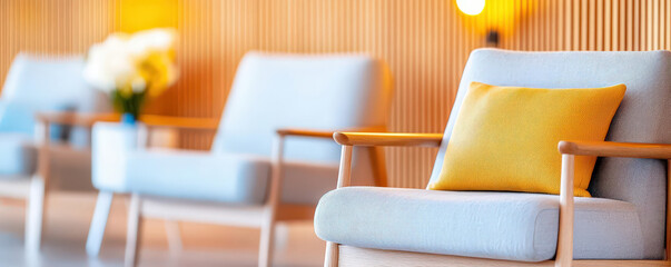 Mid-century modern lounge with warm wood paneling and soft yellow lighting, evoking a retro yet cozy vibe, interior design, warm tones, nostalgia