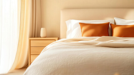 Minimalist bedroom with soft beige walls, accentuated by warm wooden furniture and subtle orange decor, interior design, warm colors, serenity