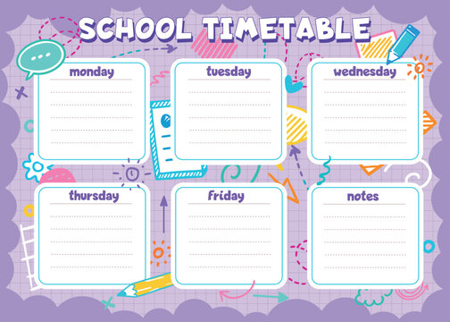 School timetable schedule,  back to school, autumn, weekly, vector