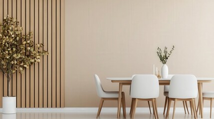 Modern dining room with a neutral color scheme, complemented by warm-toned wood and subtle gold accents, interior design, warm colors, elegance