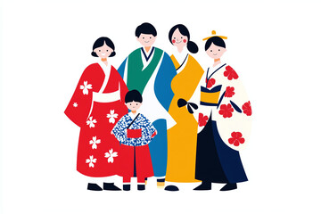 colorful cute vector illustration of a japanese family or group wearing their traditional clothing, isolated on white