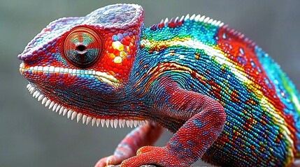 Obraz premium A focused shot of a vibrant chameleon perched on a limb against a hazy background