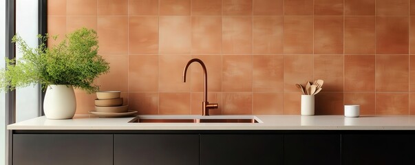 Modern kitchen with warm terracotta tiles and copper fixtures, blending functionality with a rustic charm, interior design, warm tones, elegance