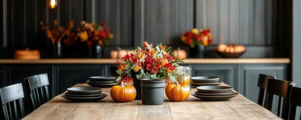 Rustic dining room with a warm color palette, decorated with fall-themed centerpieces and soft amber lighting, interior design, warm tones, seasonal charm