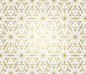 Gradient gold white linear seamless sacred geometry pattern. Golden sacral geometric occult cosmic line art signs for fabric prints, surface textures, cloth design, wrapping. EPS10 vector backdrop.