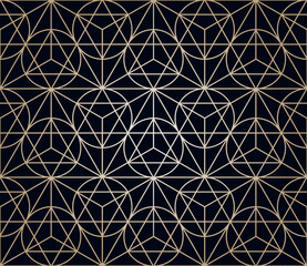 Gradient golden black linear seamless sacred geometry pattern. Sacral geometric occult cosmic line art signs for fabric prints, surface textures, cloth design, wrapping. EPS10 vector backdrop.