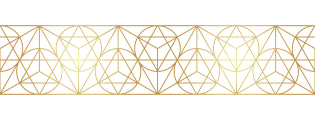 Sacred geometry gold white linear seamless border. Golden sacral geometric occult cosmic line art ornate band. EPS 10 vector design.