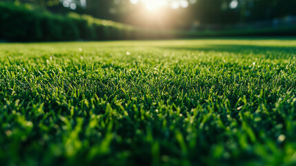 Naklejka premium Verdant lawn with freshly cut grass. Green grass field in spring. Close-up of park grass after mowing. Sports turf surface for playing games. Beautiful nature backdrop.