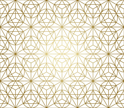 Gradient gold white linear seamless sacred geometry pattern. Golden sacral geometric occult cosmic line art signs for fabric prints, surface textures, cloth design, wrapping. EPS10 vector backdrop.