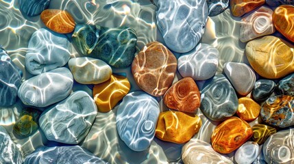 Close-up of colorful beach pebbles in clear seawater.
