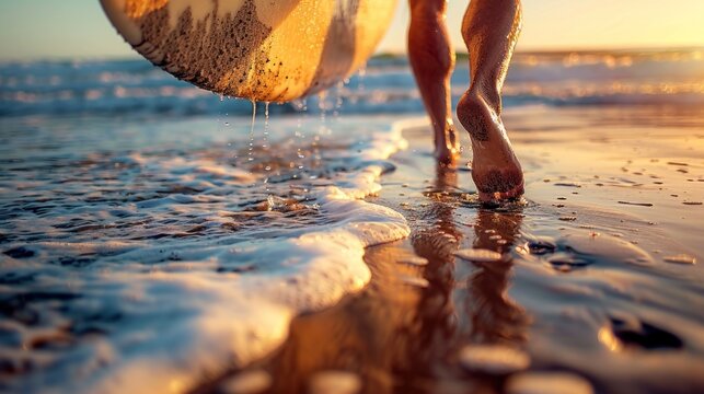 A surfer walking on the beach, carrying a surfboard.