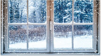   A snowy day outside a window with snowfall on the window panes, trees, and window panes