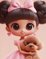 Cute Girl Doll with Puppy: Adorable 3D Illustration