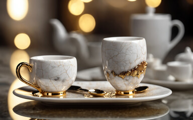 Fototapeta premium White porcelain coffee or tea cup made of a mixture of white quartz and gold.