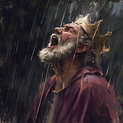 An intense portrayal of King Lear, drenched in rain, screaming at the stormy sky, capturing the depth of his madness and despair from Shakespeare’s tragedy.
