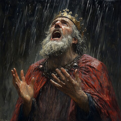 An intense portrayal of King Lear, drenched in rain, screaming at the stormy sky, capturing the depth of his madness and despair from Shakespeare’s tragedy.