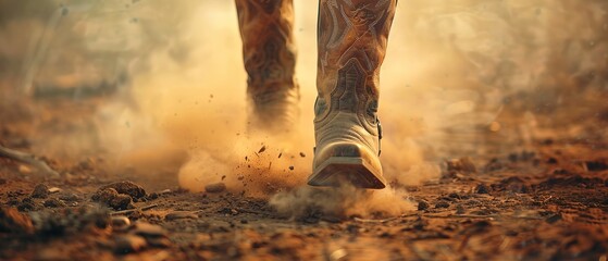 A pair of scuffed cowboy boots kicking up dust